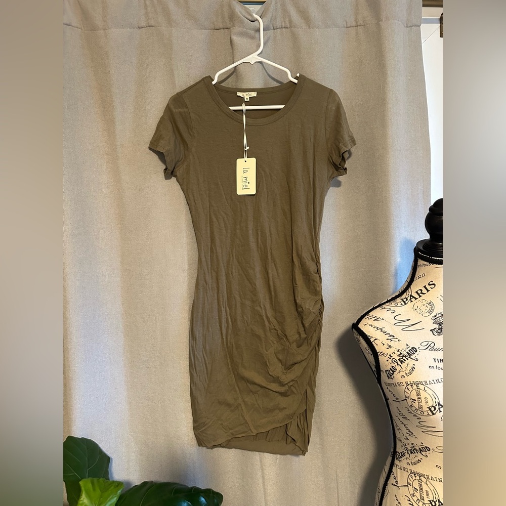 LA MIEL Olive Green Short Sleeve Mini Dress